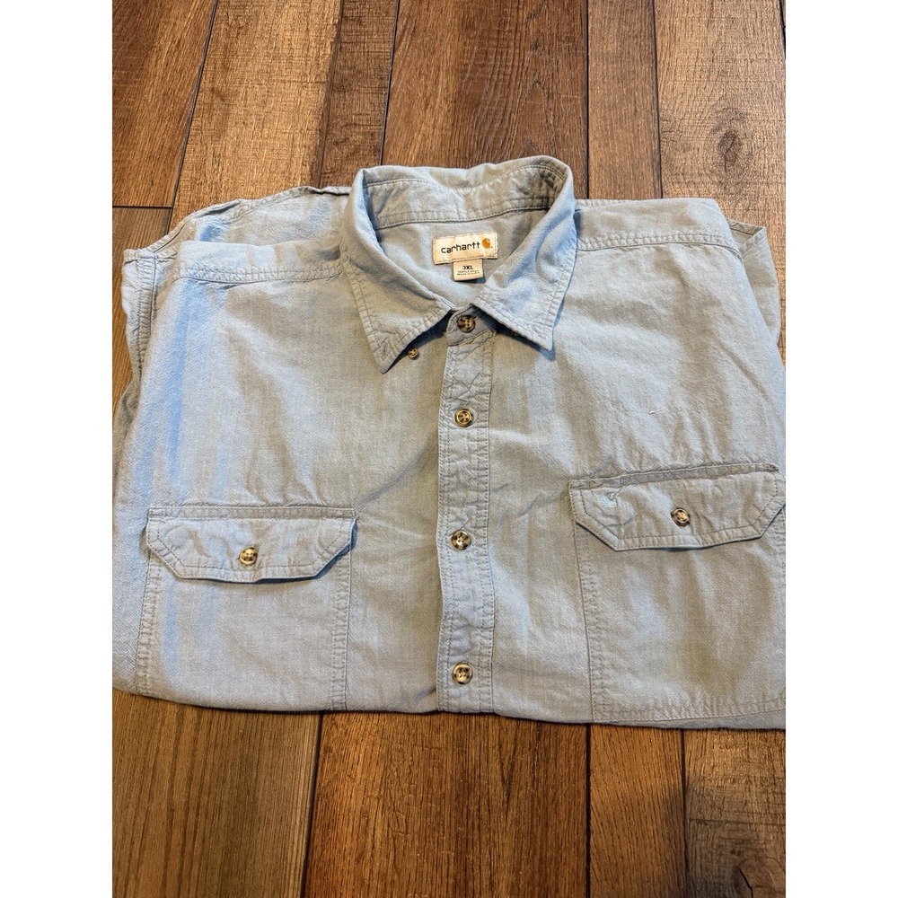 Vintage Carhartt Men's 3XL Denim Work Shirt Blue Long Sleeve Button Up Pockets